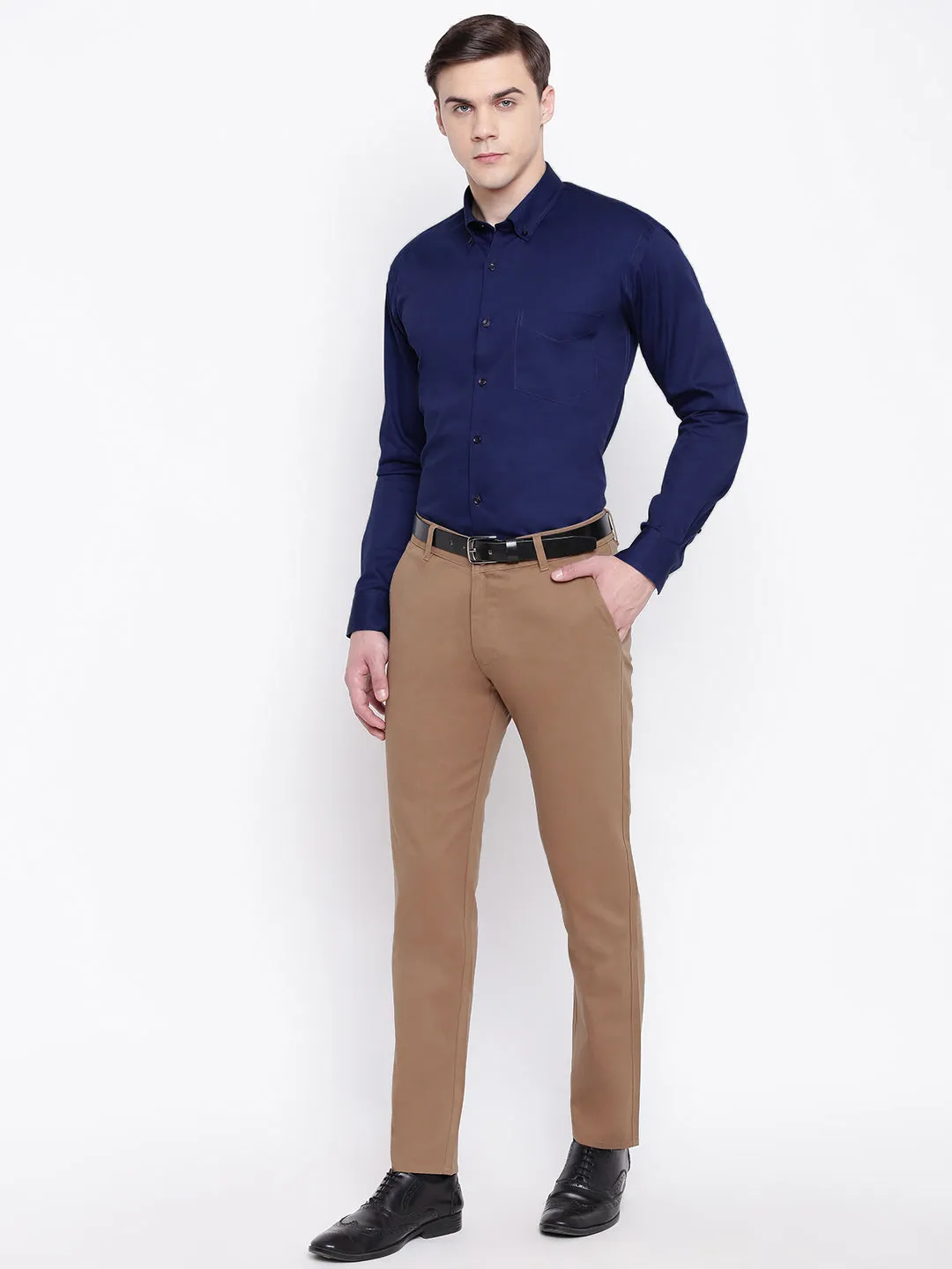 Men Beige Pure Cotton Solid Slim Fit Casual Trouser