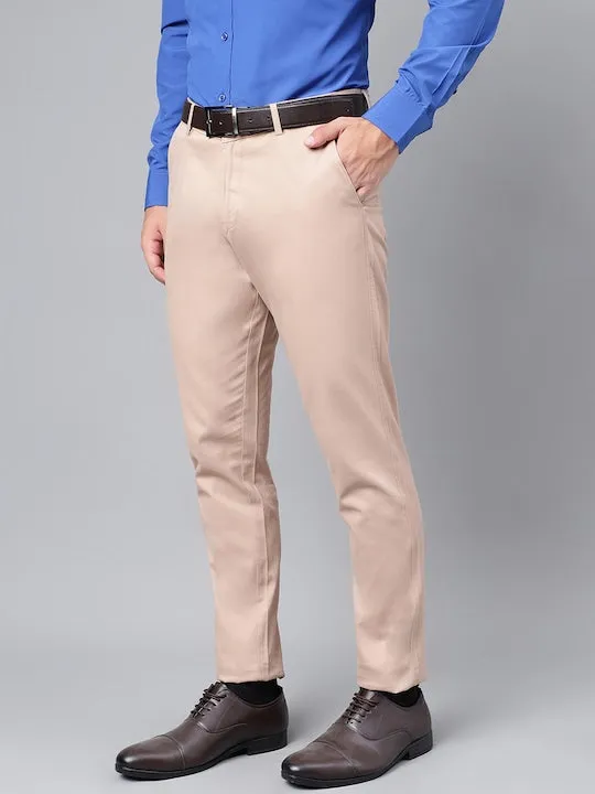 Men Beige Solid Pure Cotton Slim Fit Formal Trouser