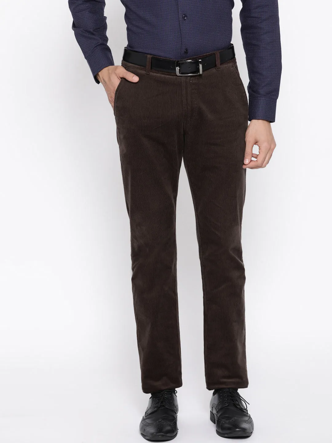 Men Brown Solid Cotton Stretch Slim Fit Formal Trouser