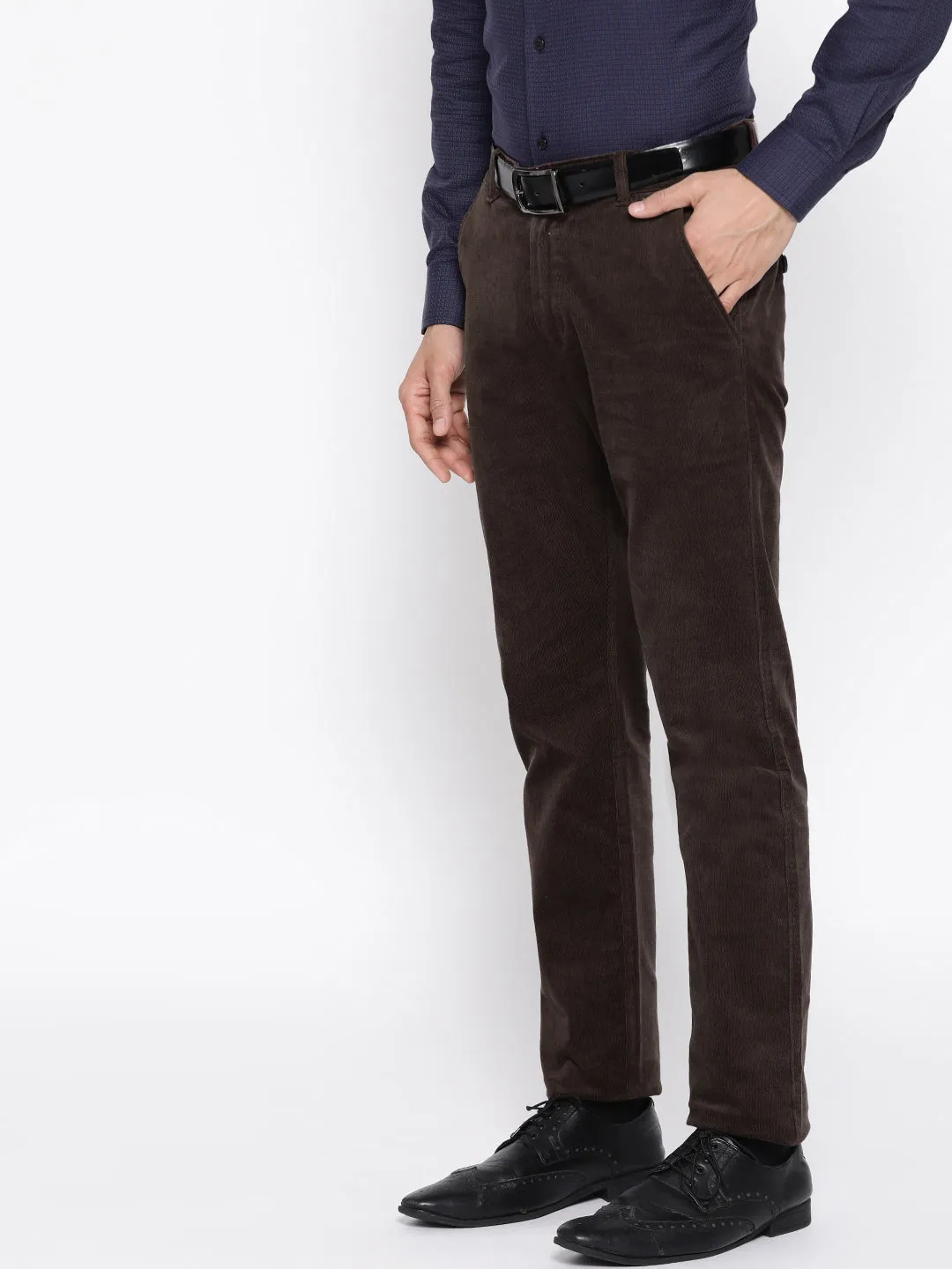 Men Brown Solid Cotton Stretch Slim Fit Formal Trouser