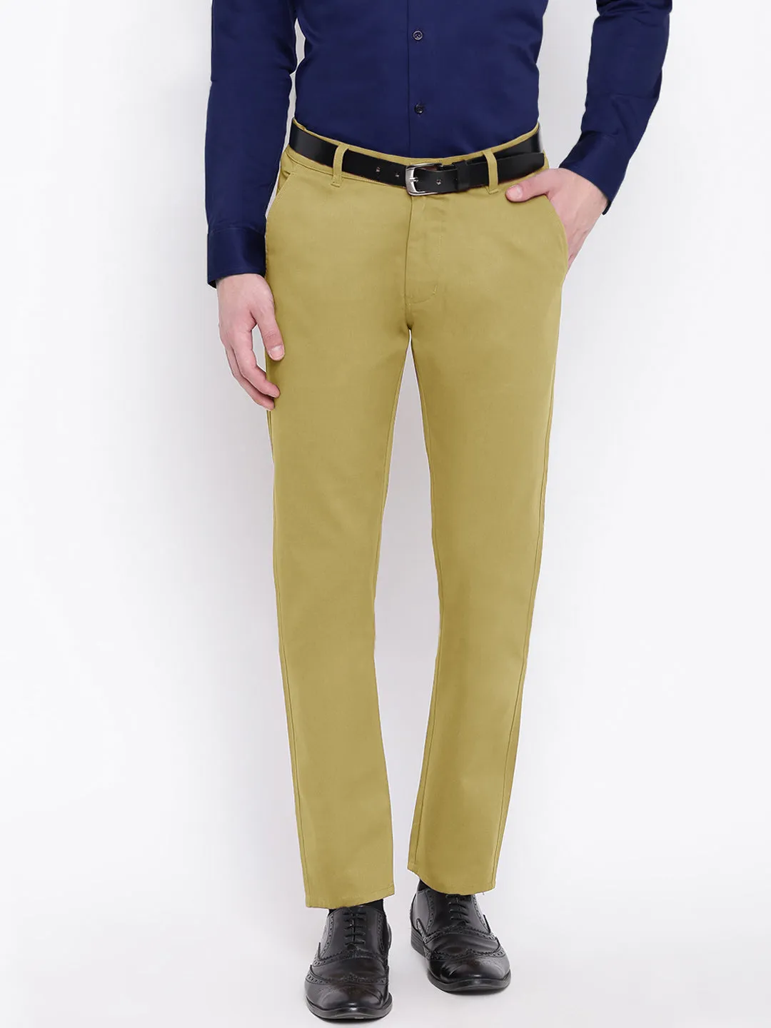 Men Dark Beige Pure Cotton Solid Slim Fit Casual Trouser