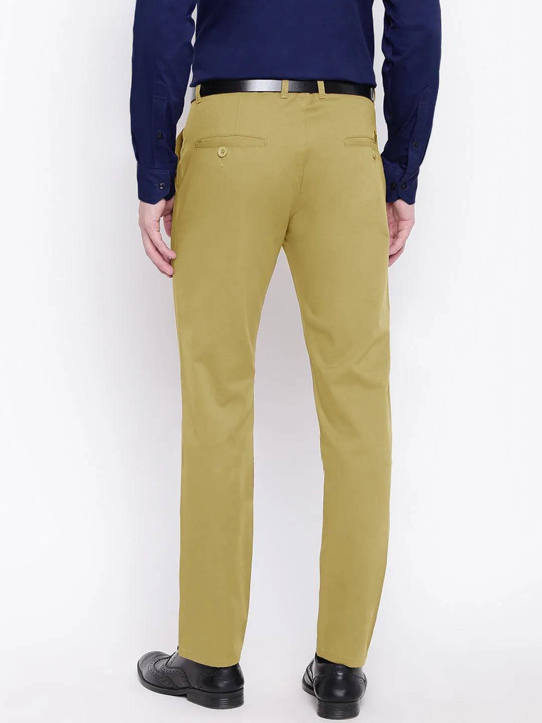 Men Dark Beige Pure Cotton Solid Slim Fit Casual Trouser