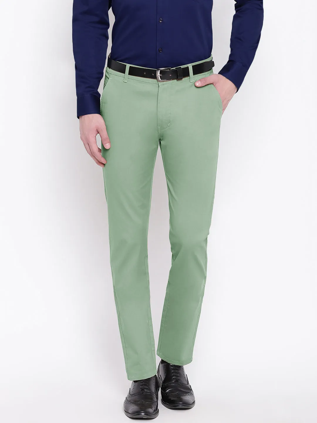 Men Green Cotton Solid Slim Fit Casual Trouser