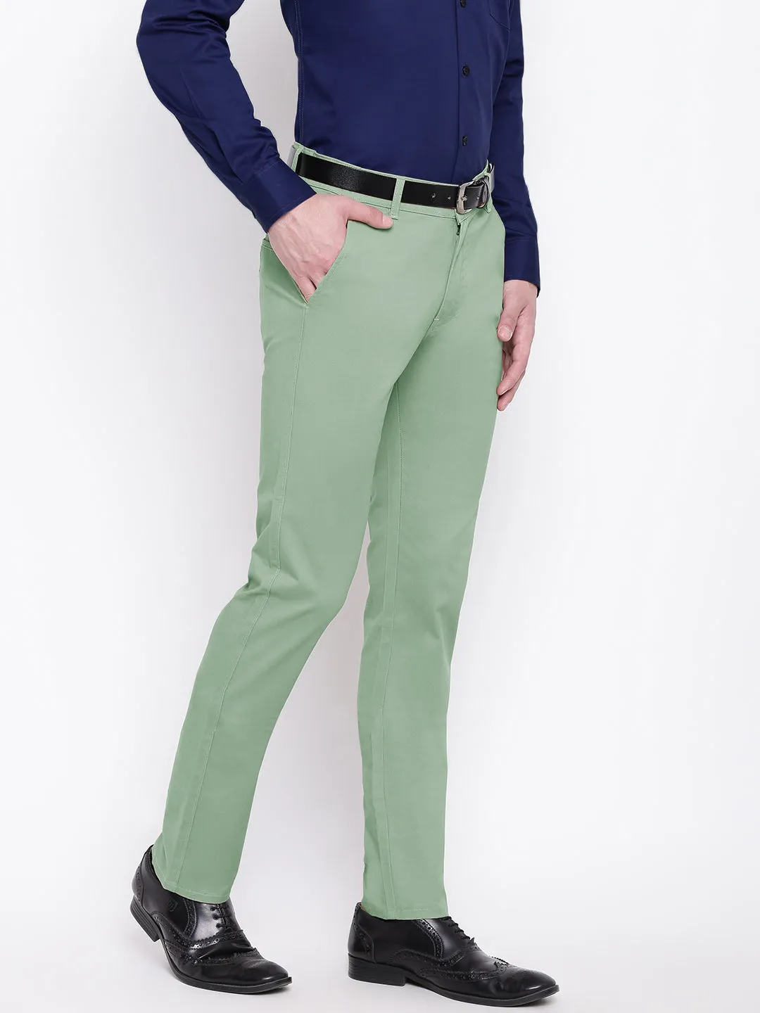 Men Green Cotton Solid Slim Fit Casual Trouser