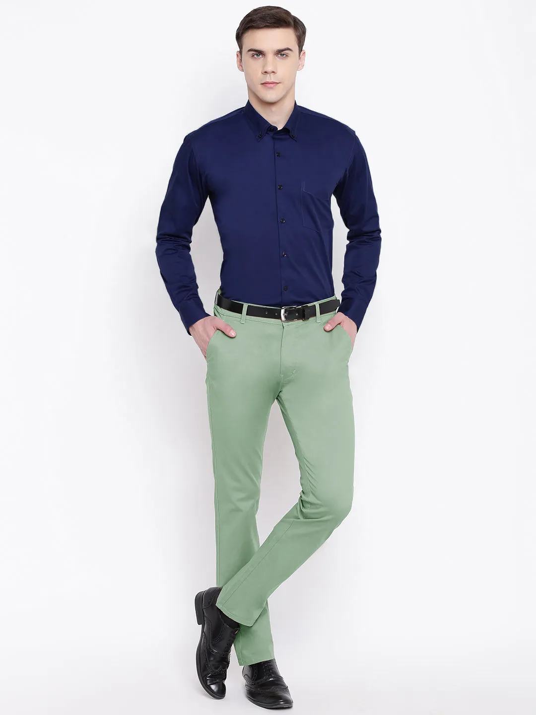 Men Green Cotton Solid Slim Fit Casual Trouser