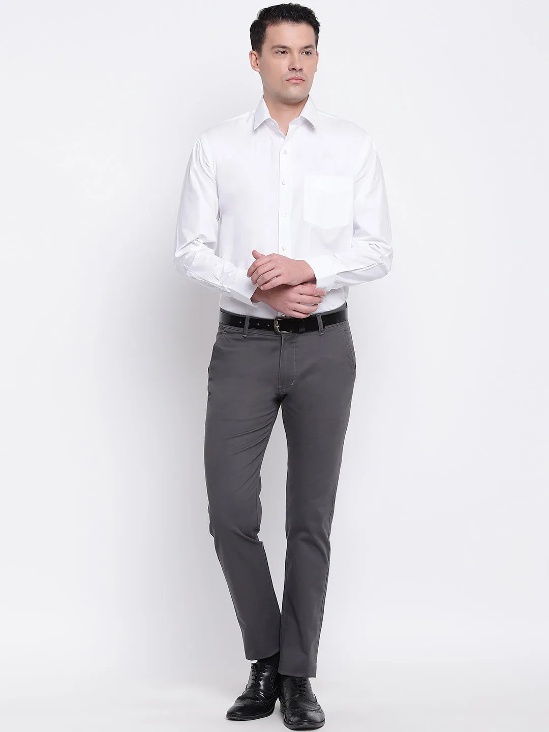 Men Grey Cotton Solid Slim Fit Casual Trouser