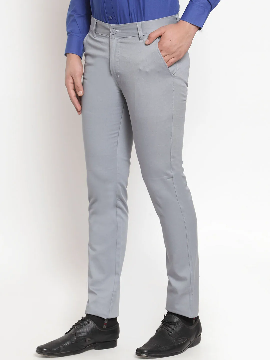 Men Grey Pure Cotton Solid Slim Fit Casual Trouser