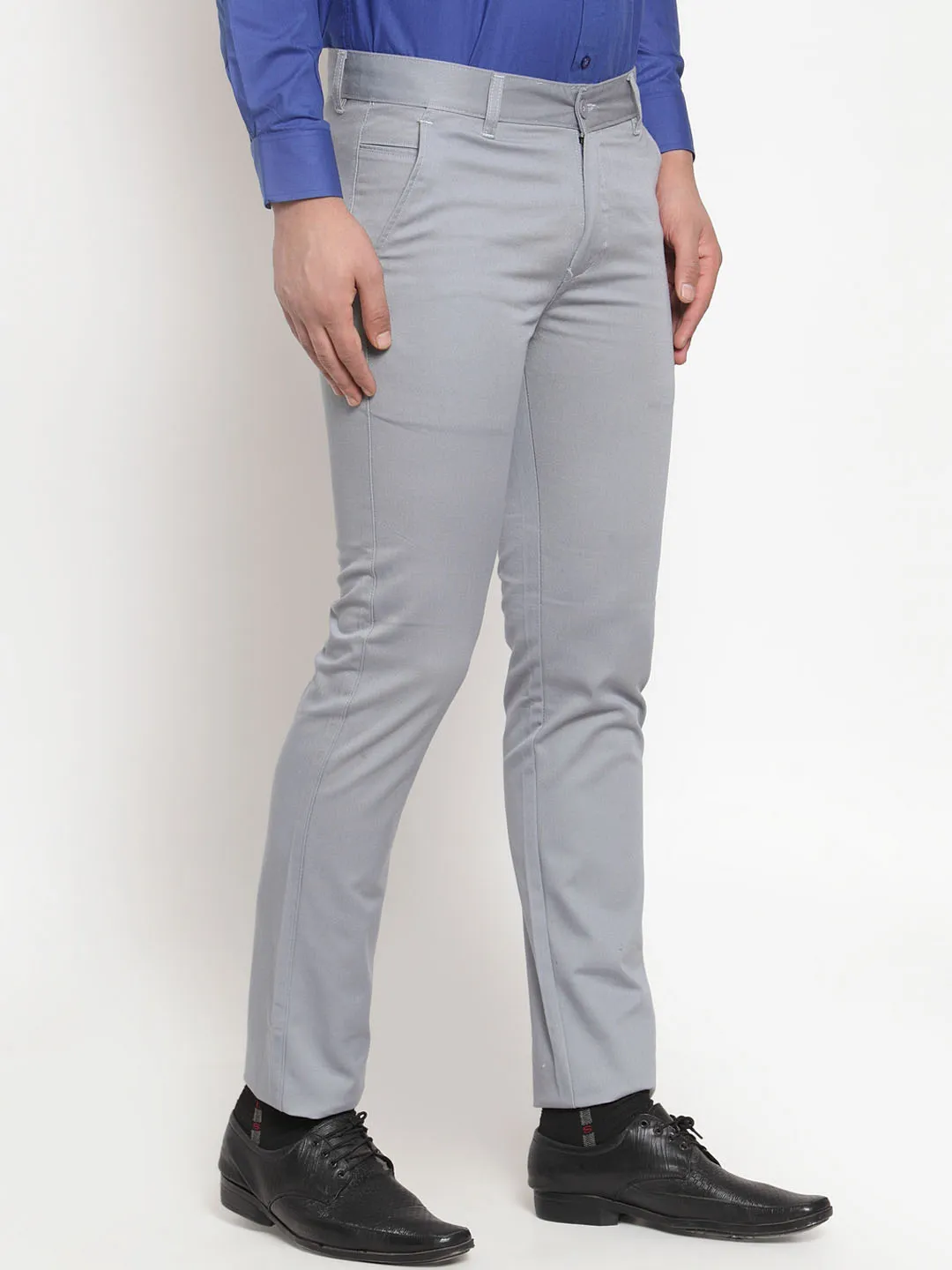 Men Grey Pure Cotton Solid Slim Fit Casual Trouser