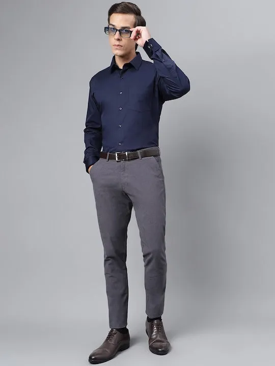 Men Grey Solid Pure Cotton Slim Fit Formal Trouser