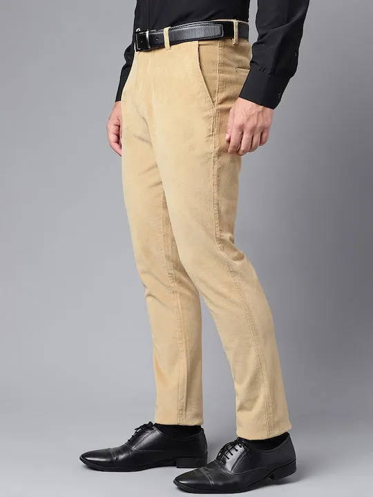 Men Khaki Solid Cotton cotton stretch corduroy Coduroy Slim Fit Formal Trouser