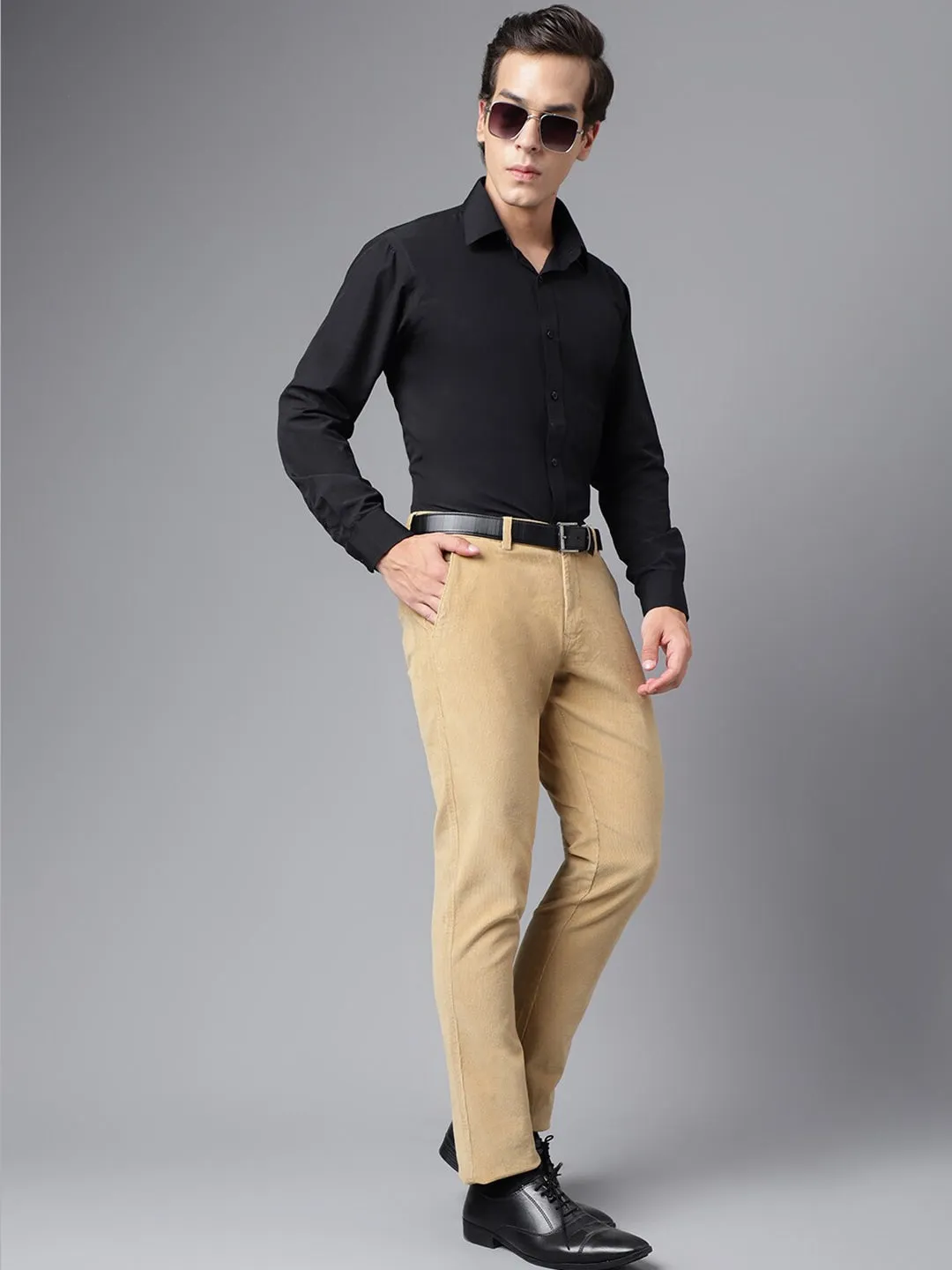 Men Khaki Solid Cotton cotton stretch corduroy Coduroy Slim Fit Formal Trouser