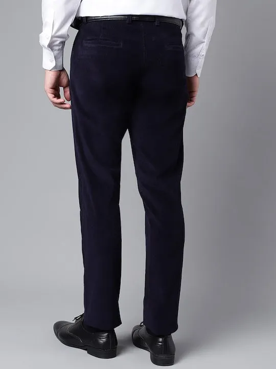 Men Navy Blue Solid Cotton cotton stretch corduroy Coduroy Slim Fit Formal Trouser