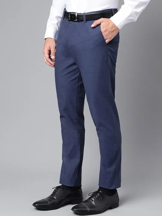 Men Navy Blue Solid Pure Cotton Slim Fit Formal Trouser