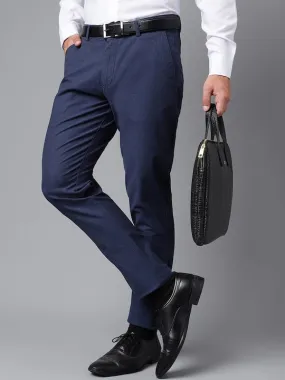 Men Navy Blue Solid Pure Cotton Slim Fit Formal Trouser