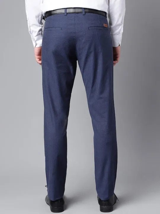 Men Navy Blue Solid Pure Cotton Slim Fit Formal Trouser