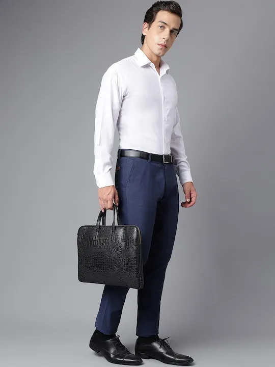 Men Navy Blue Solid Pure Cotton Slim Fit Formal Trouser