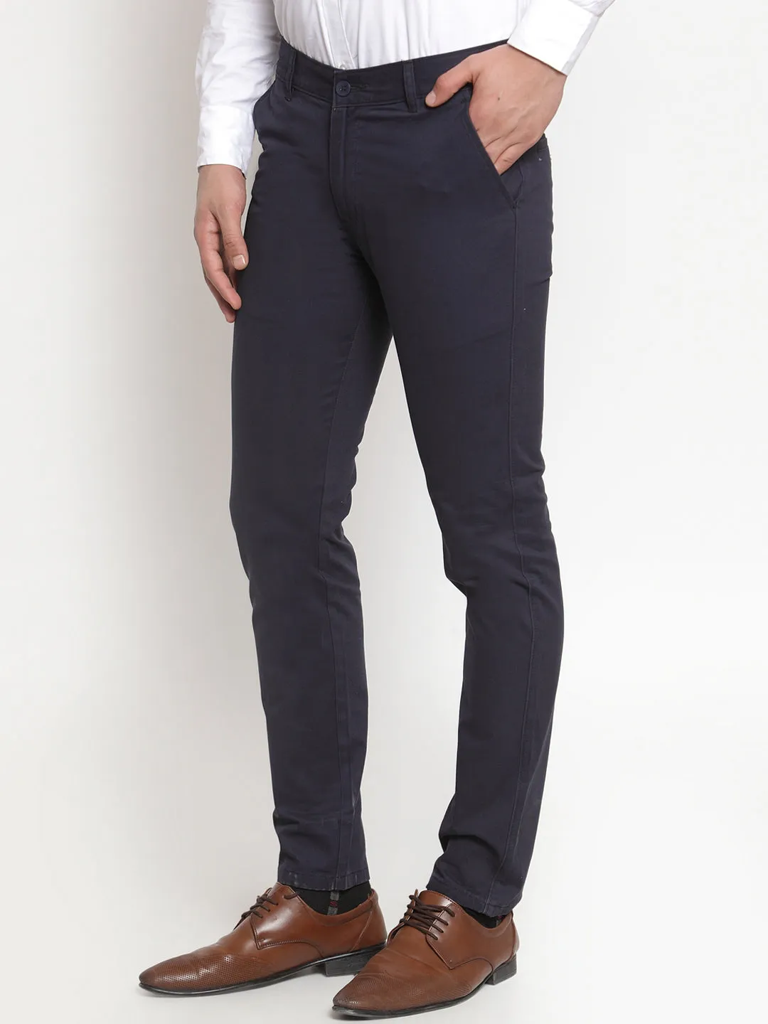 Men Navy Pure Cotton Solid Slim Fit Casual Trouser