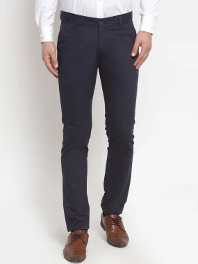 Men Navy Pure Cotton Solid Slim Fit Casual Trouser