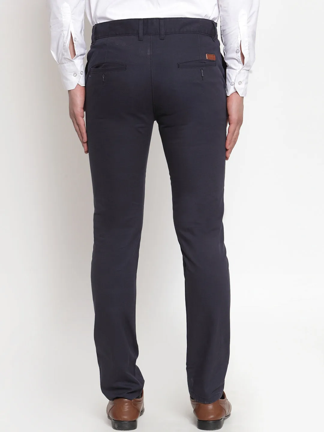 Men Navy Pure Cotton Solid Slim Fit Casual Trouser