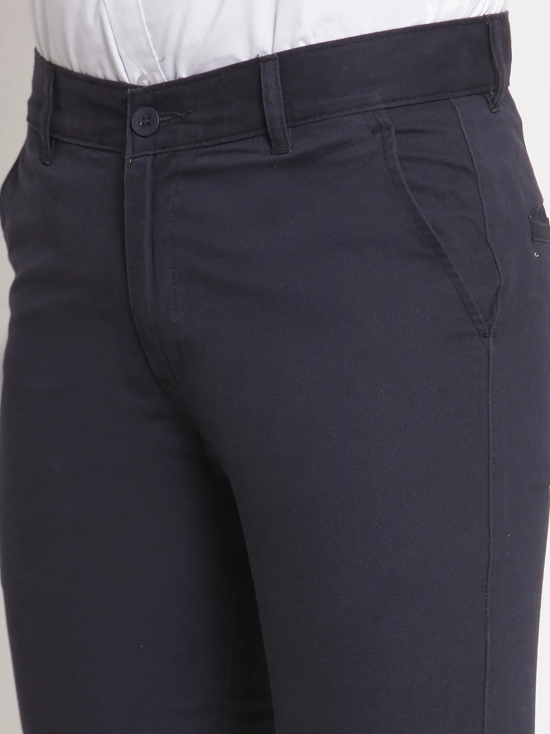 Men Navy Pure Cotton Solid Slim Fit Casual Trouser