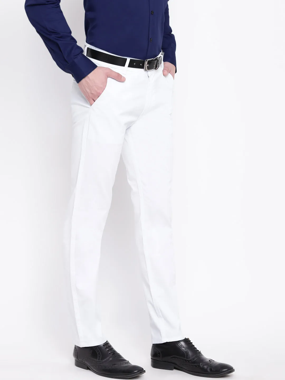 Men White Cotton Solid Slim Fit Casual Trouser