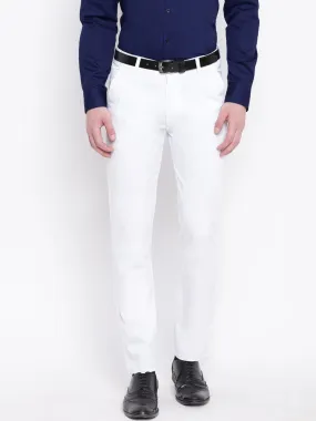 Men White Cotton Solid Slim Fit Casual Trouser