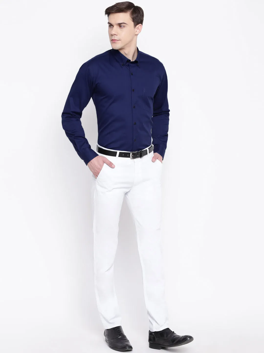 Men White Cotton Solid Slim Fit Casual Trouser