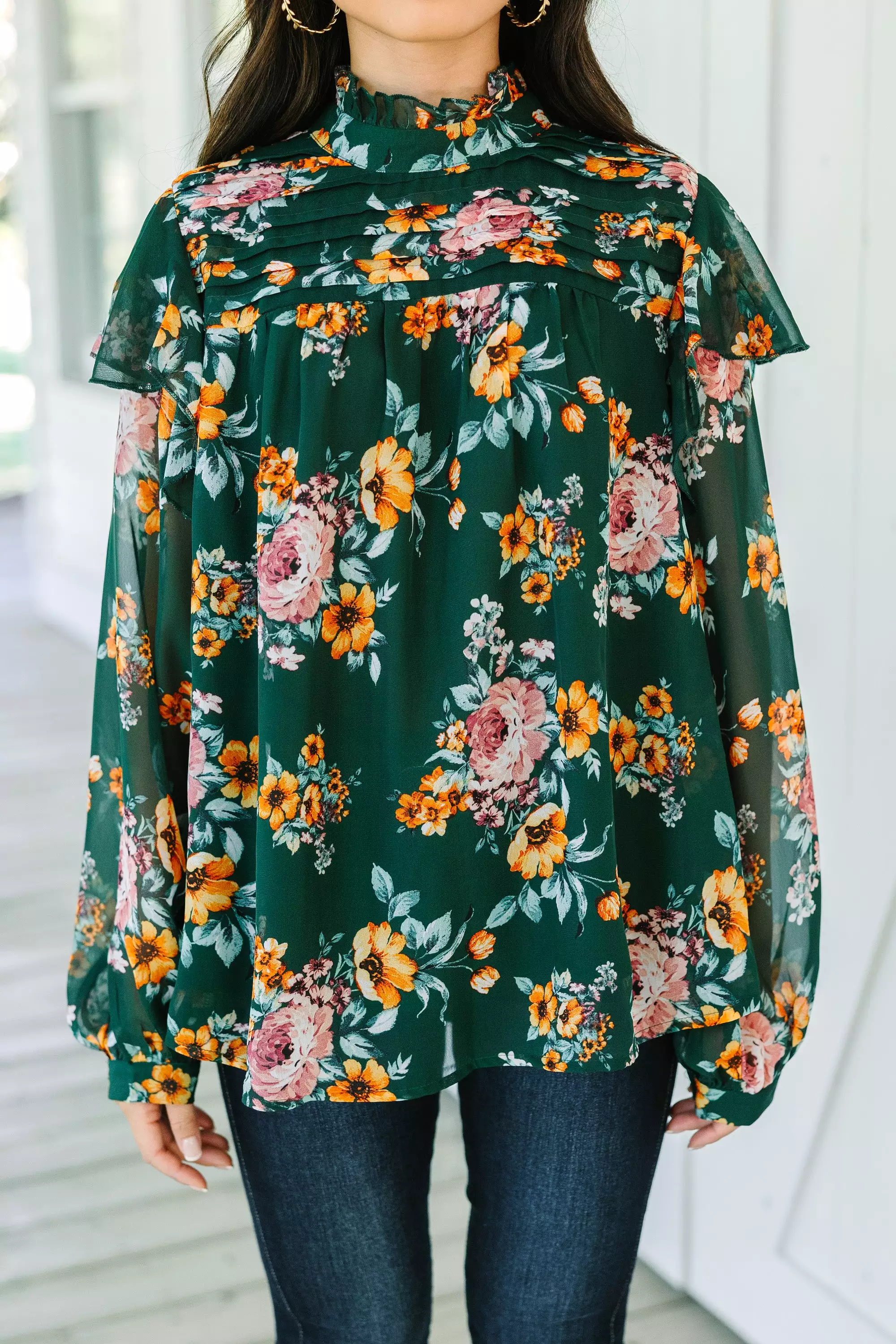 Need You Now Green Floral Blouse