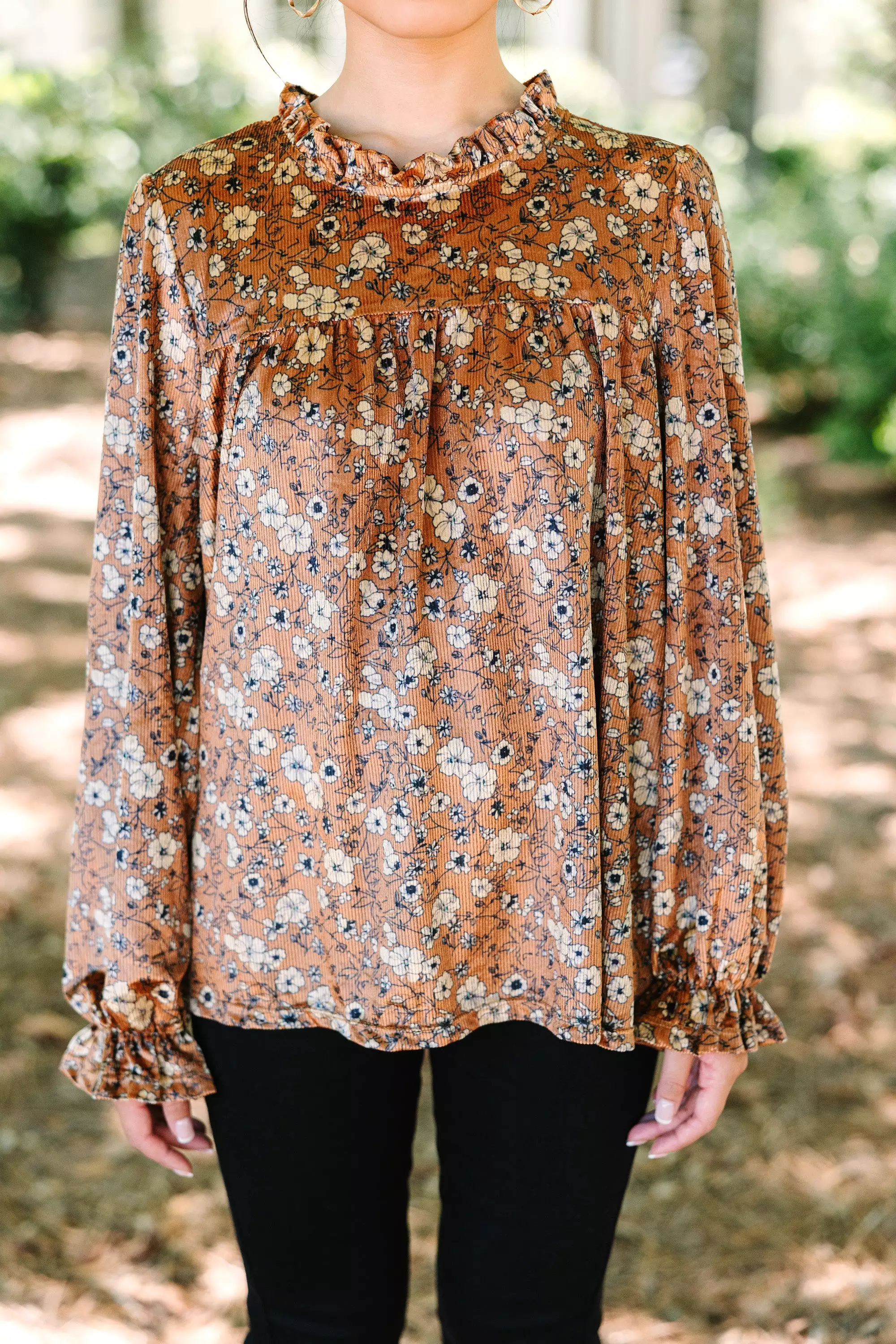 Now You Know Camel Brown Floral Blouse