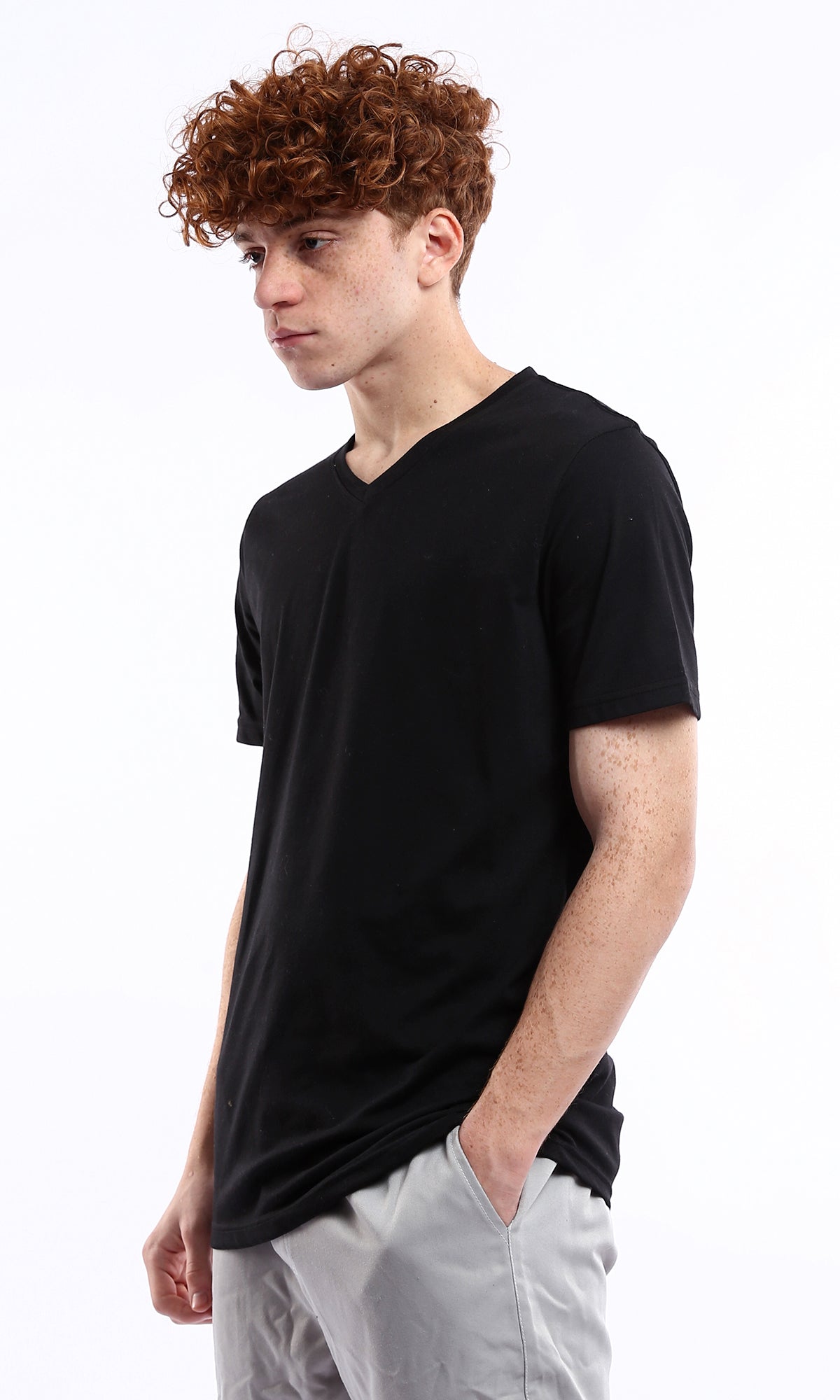 O178026 V-Neck Short Sleeves Black Basic Tee