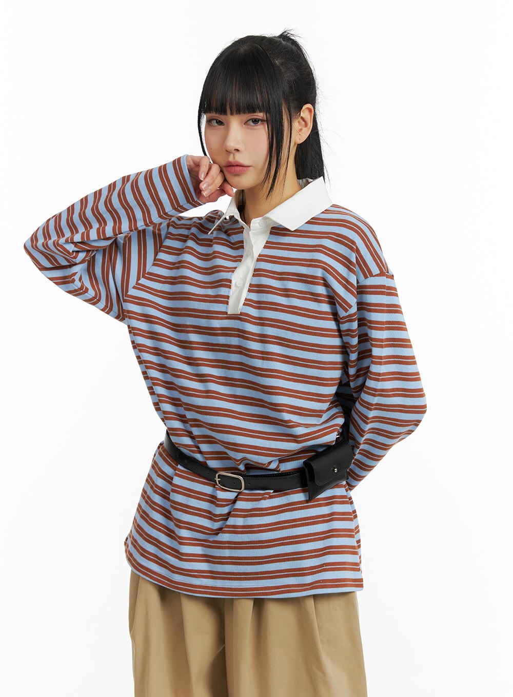 Oversized Collar Stripe Button Long Sleeve Tee CM406