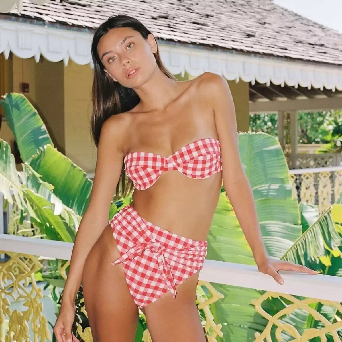 Red Gingham Bustier Bikini Top