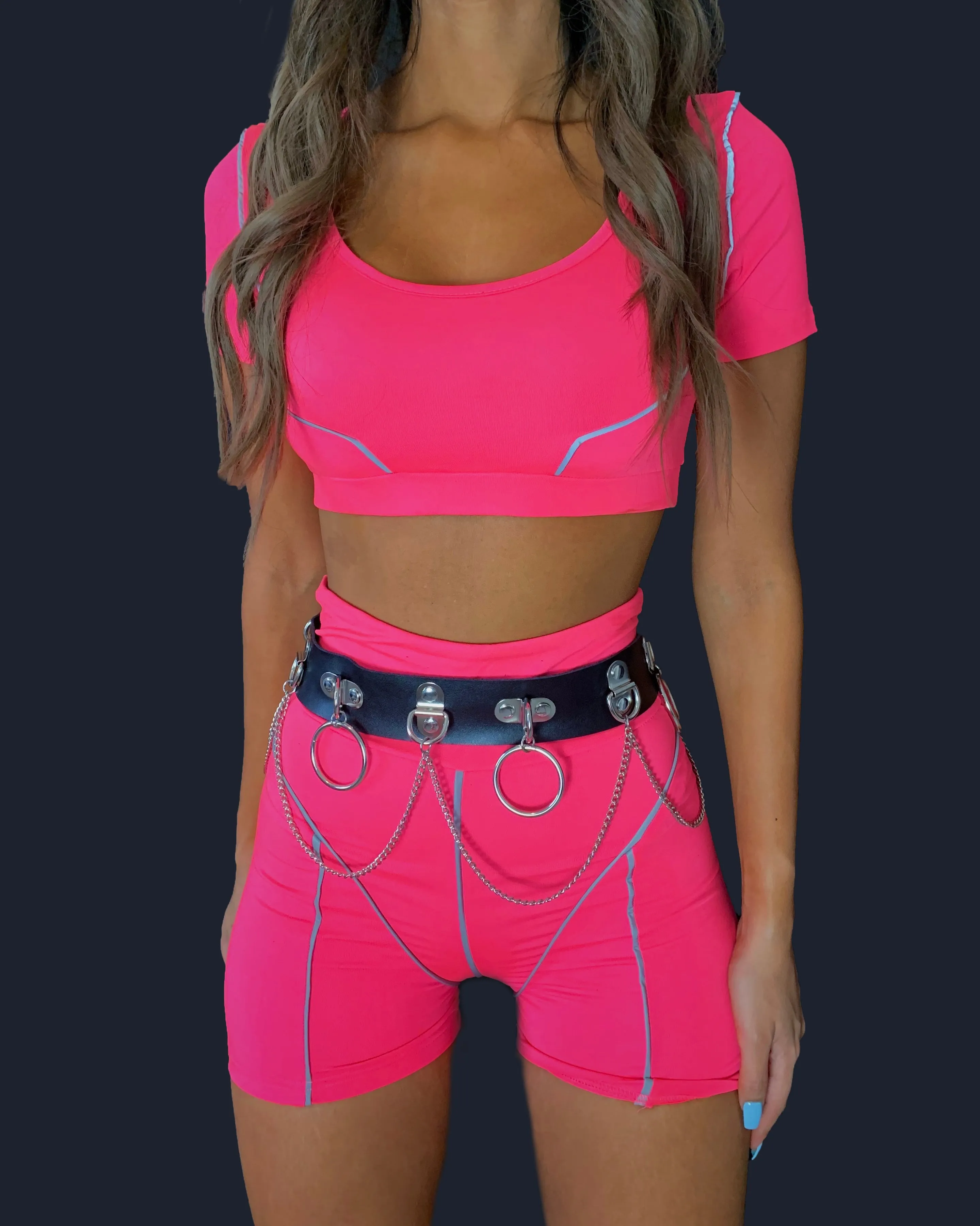 Reflective Piping Biker Shorts Set in Pink