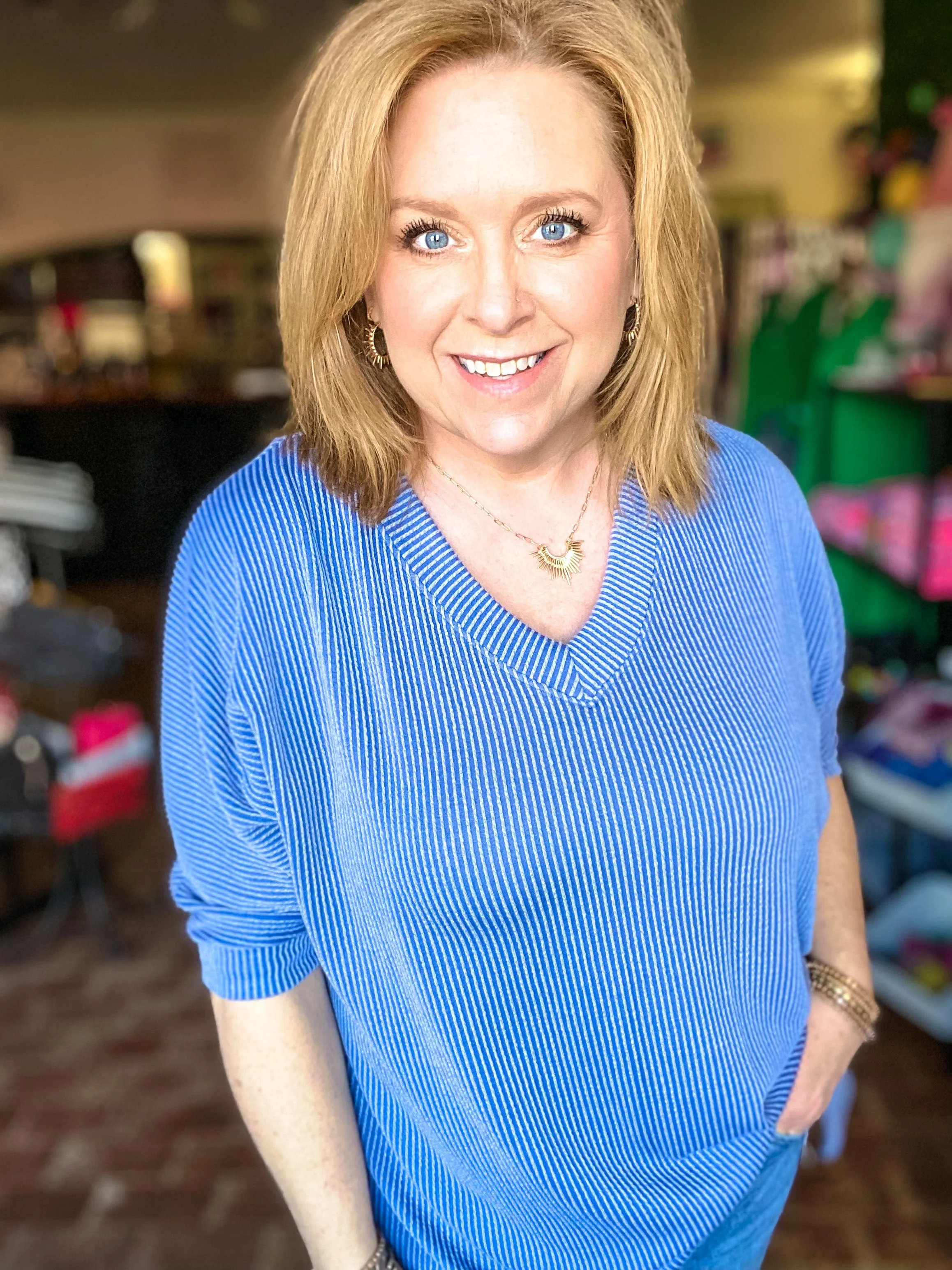 Ribbed Vneck Oversized Tee Blue