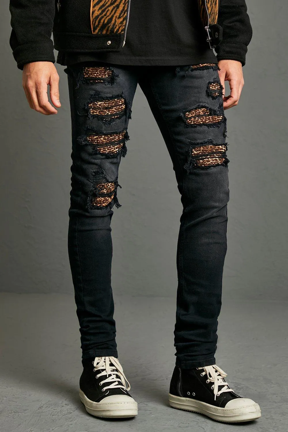 Skinny Stack Leopard Rip & Repair Biker Jean