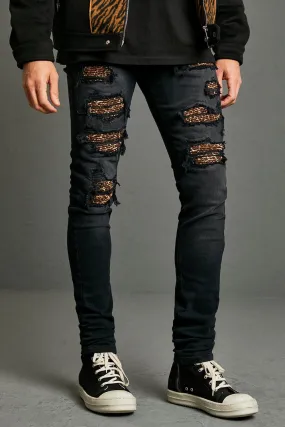 Skinny Stack Leopard Rip & Repair Biker Jean