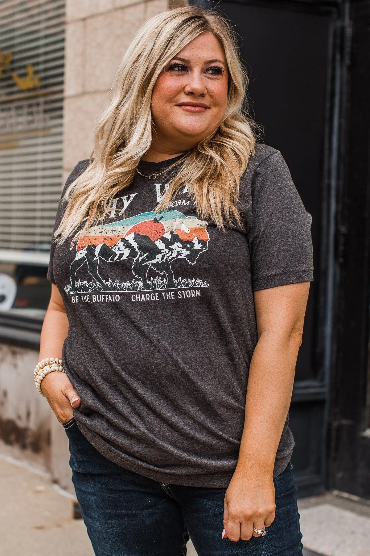 Stay Wild. Roam Free Buffalo Graphic Tee- Charcoal