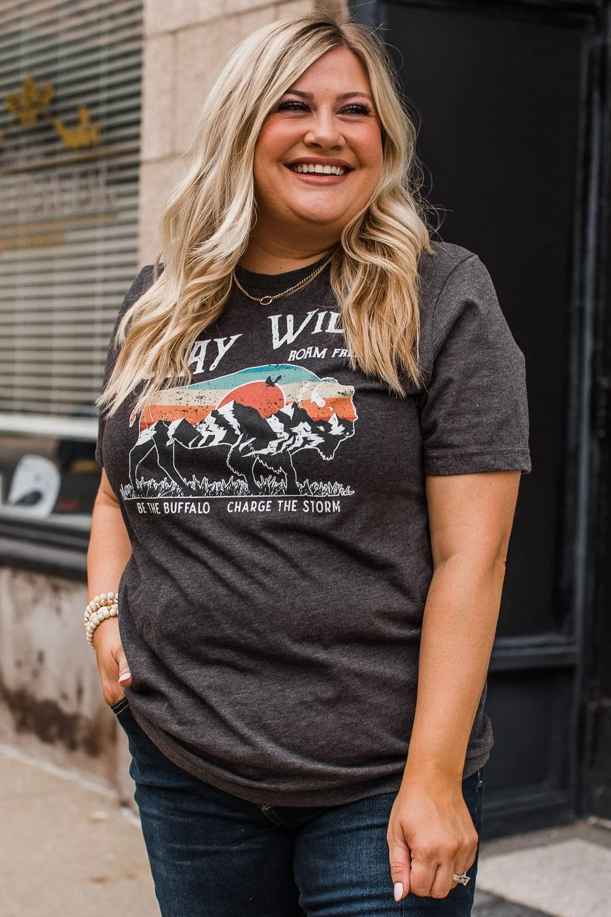 Stay Wild. Roam Free Buffalo Graphic Tee- Charcoal