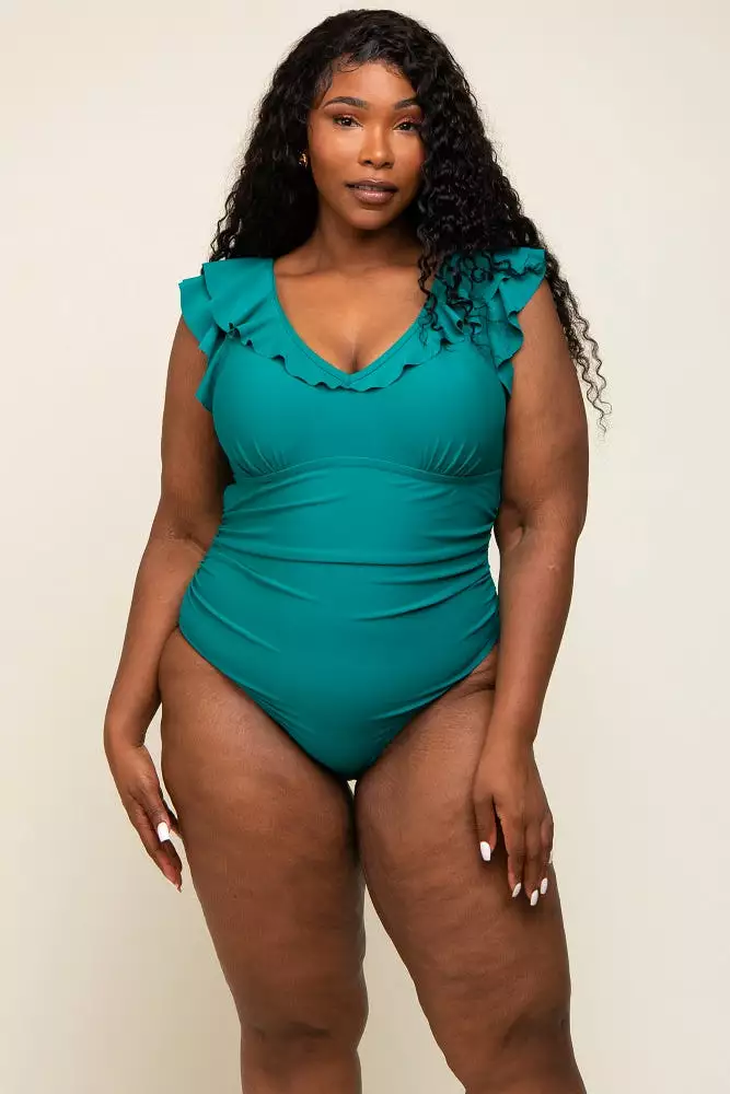 Teal Ruffle V-Neck Plus One-Piece Swimsuit