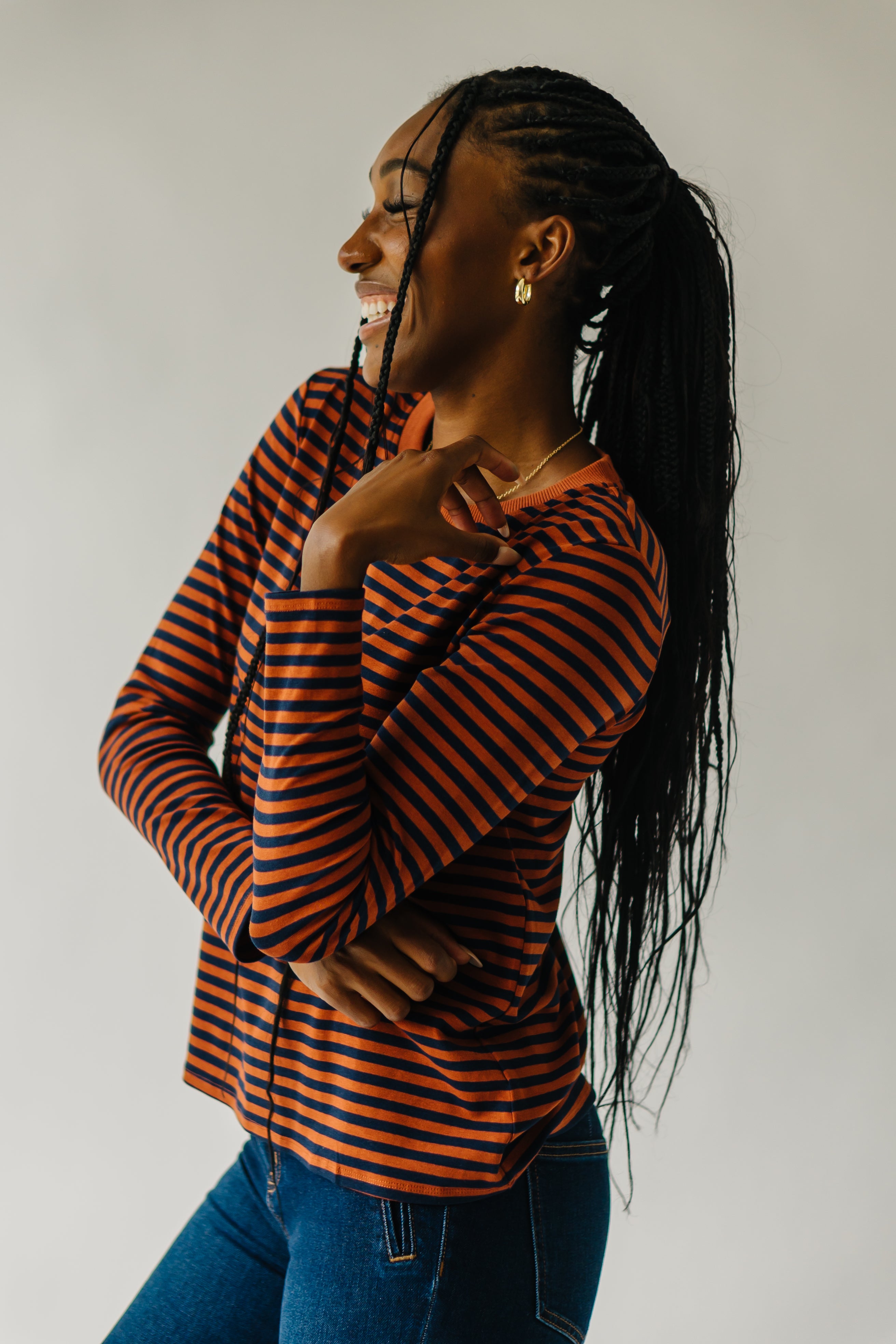 The Camden Knit Tee in Rust + Navy Stripe