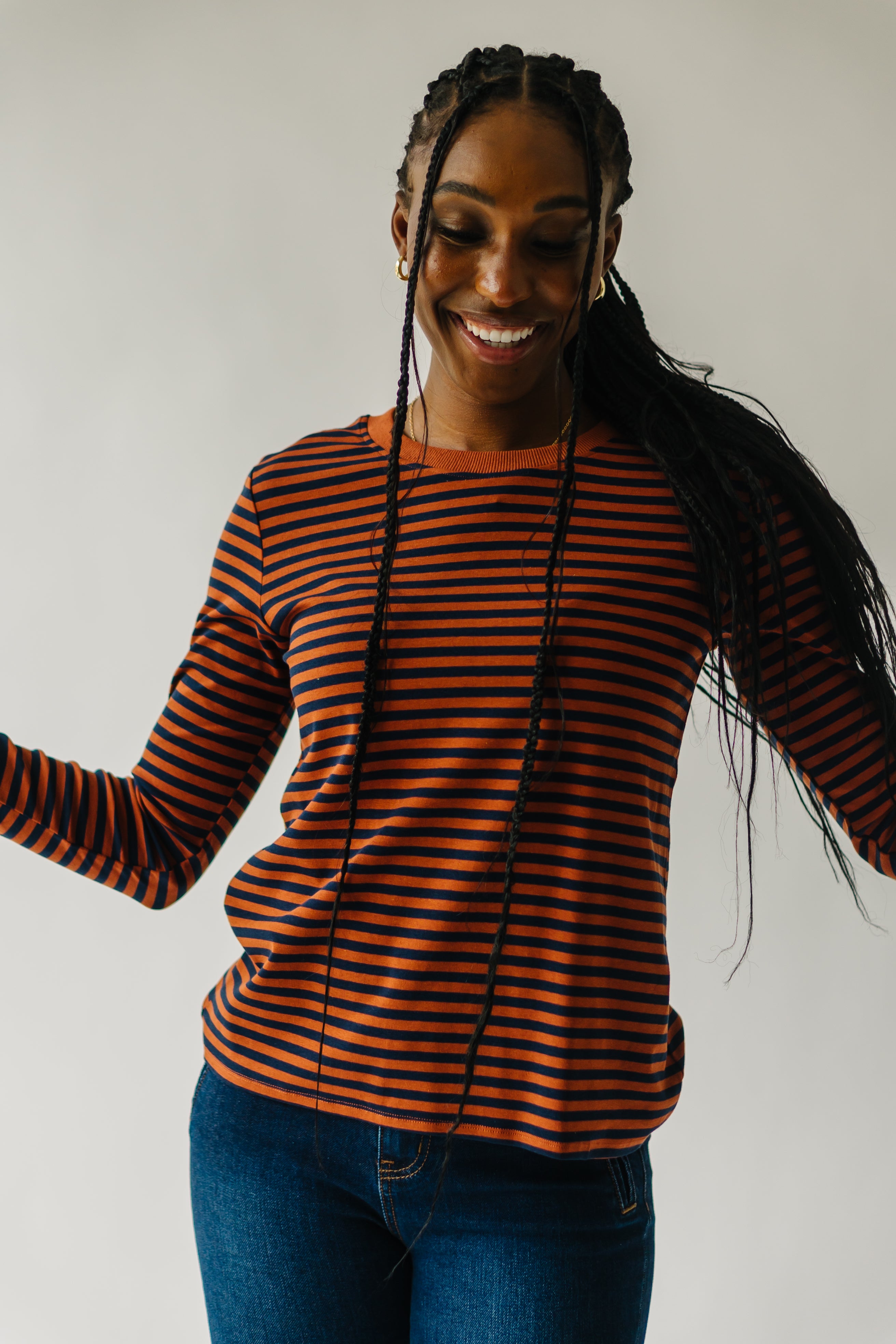 The Camden Knit Tee in Rust + Navy Stripe