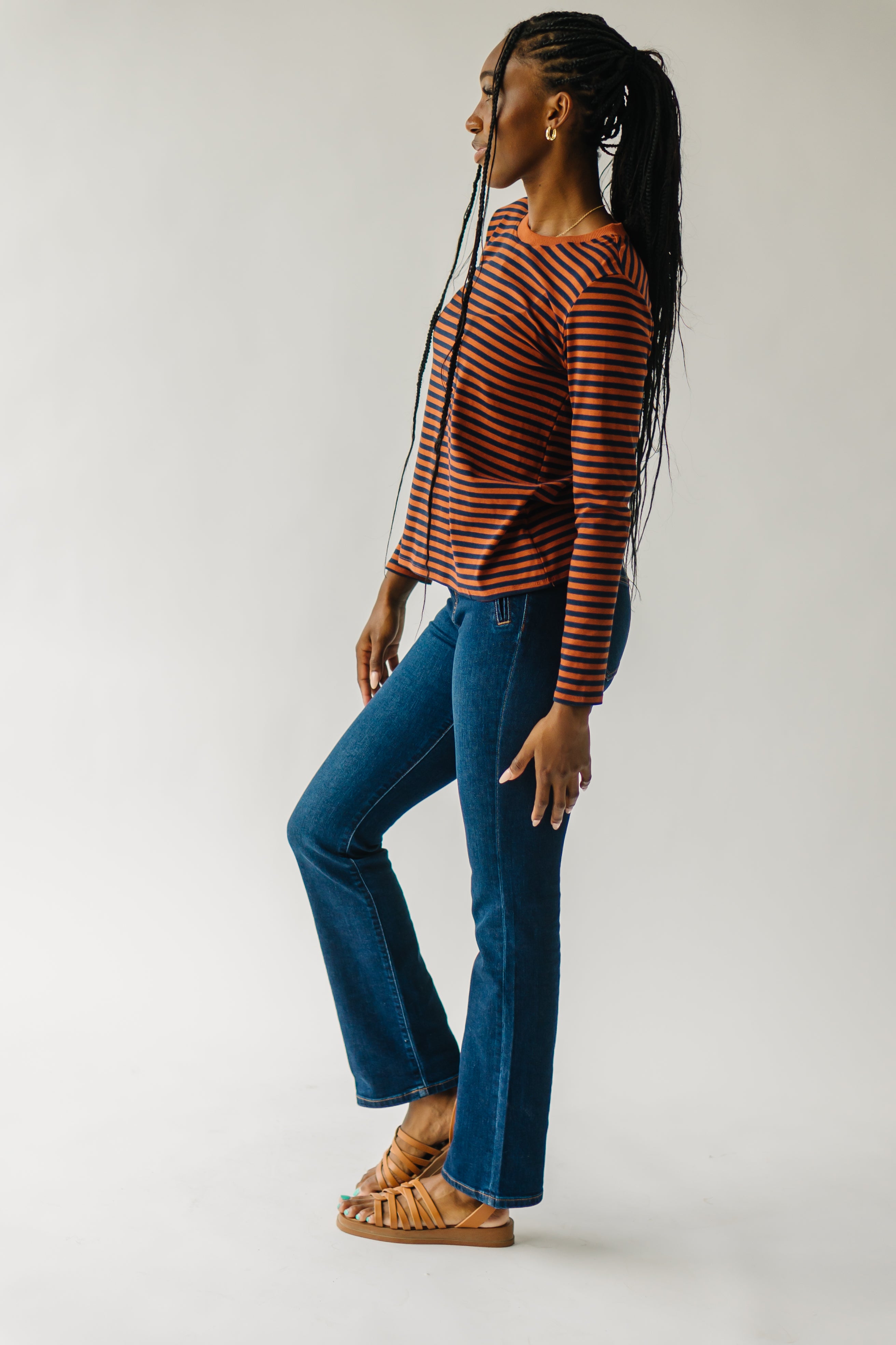 The Camden Knit Tee in Rust + Navy Stripe