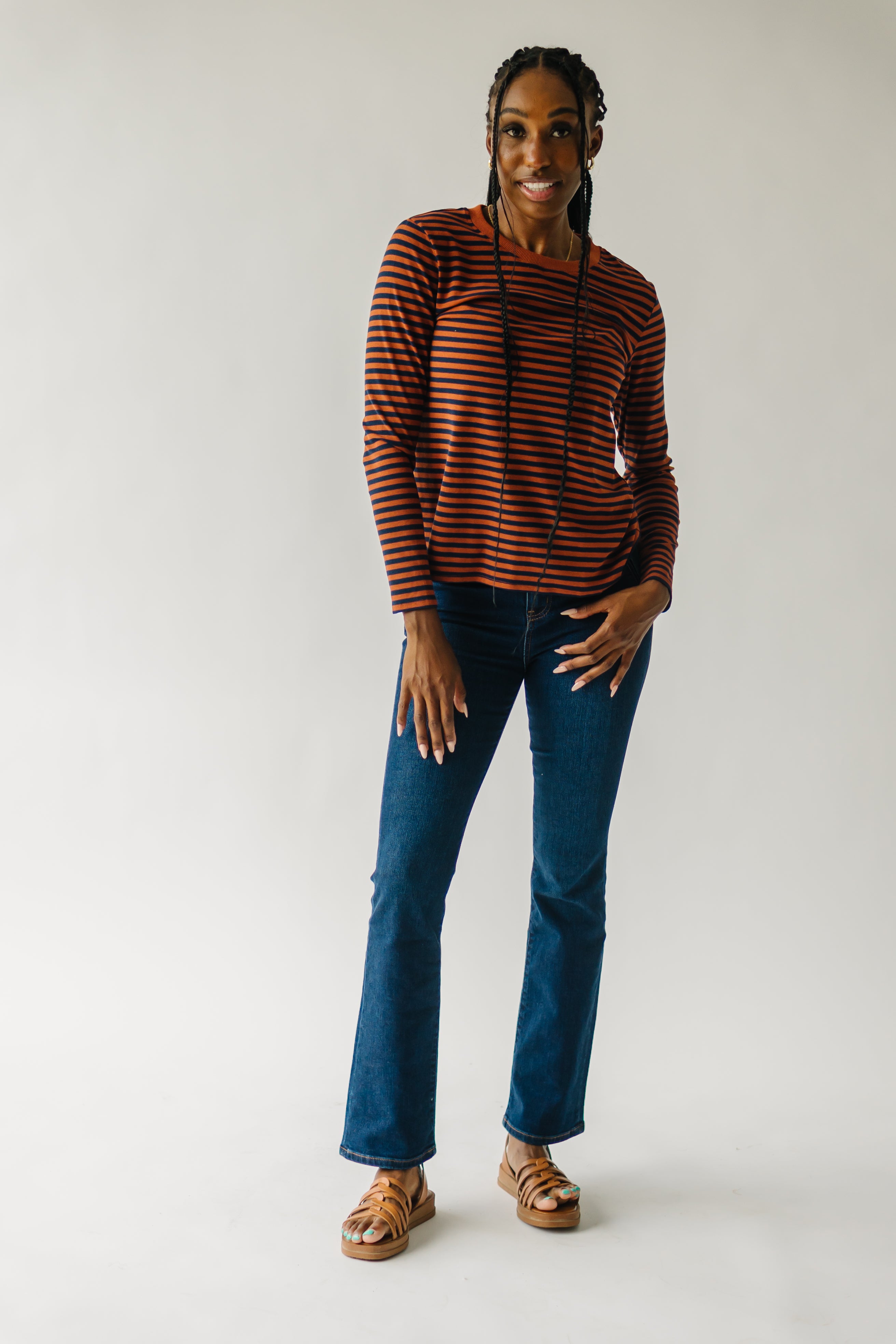 The Camden Knit Tee in Rust + Navy Stripe