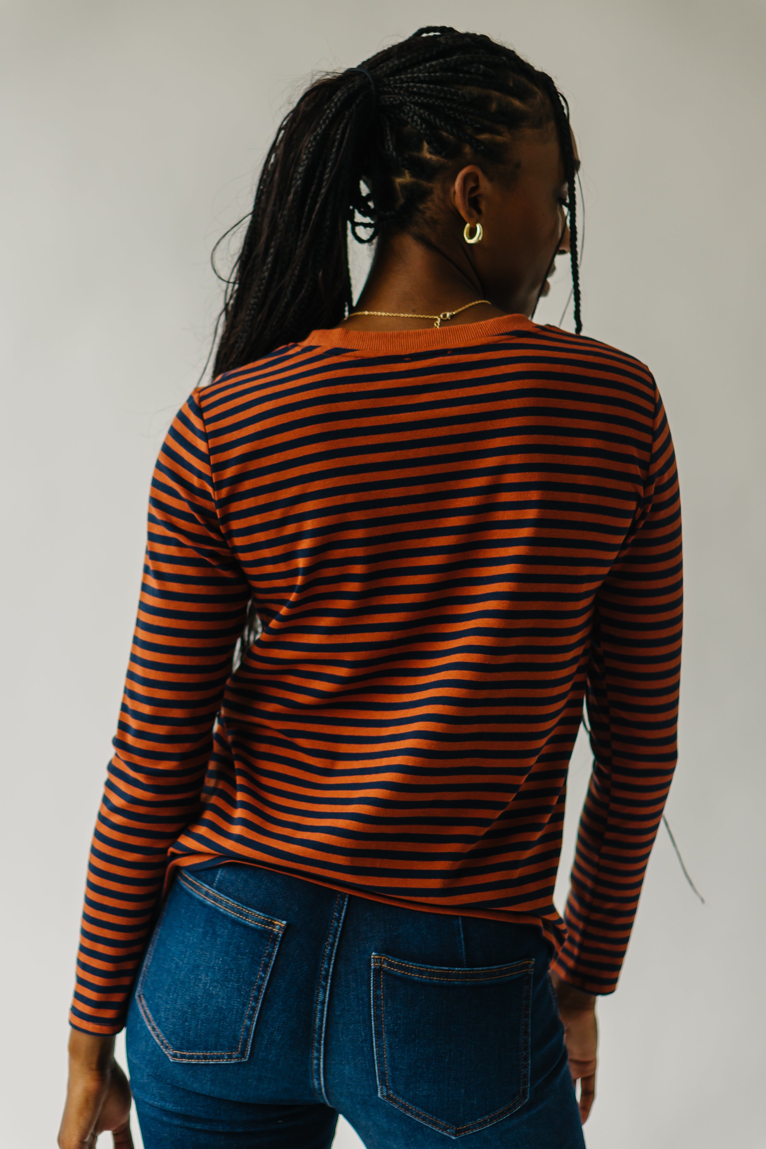 The Camden Knit Tee in Rust + Navy Stripe