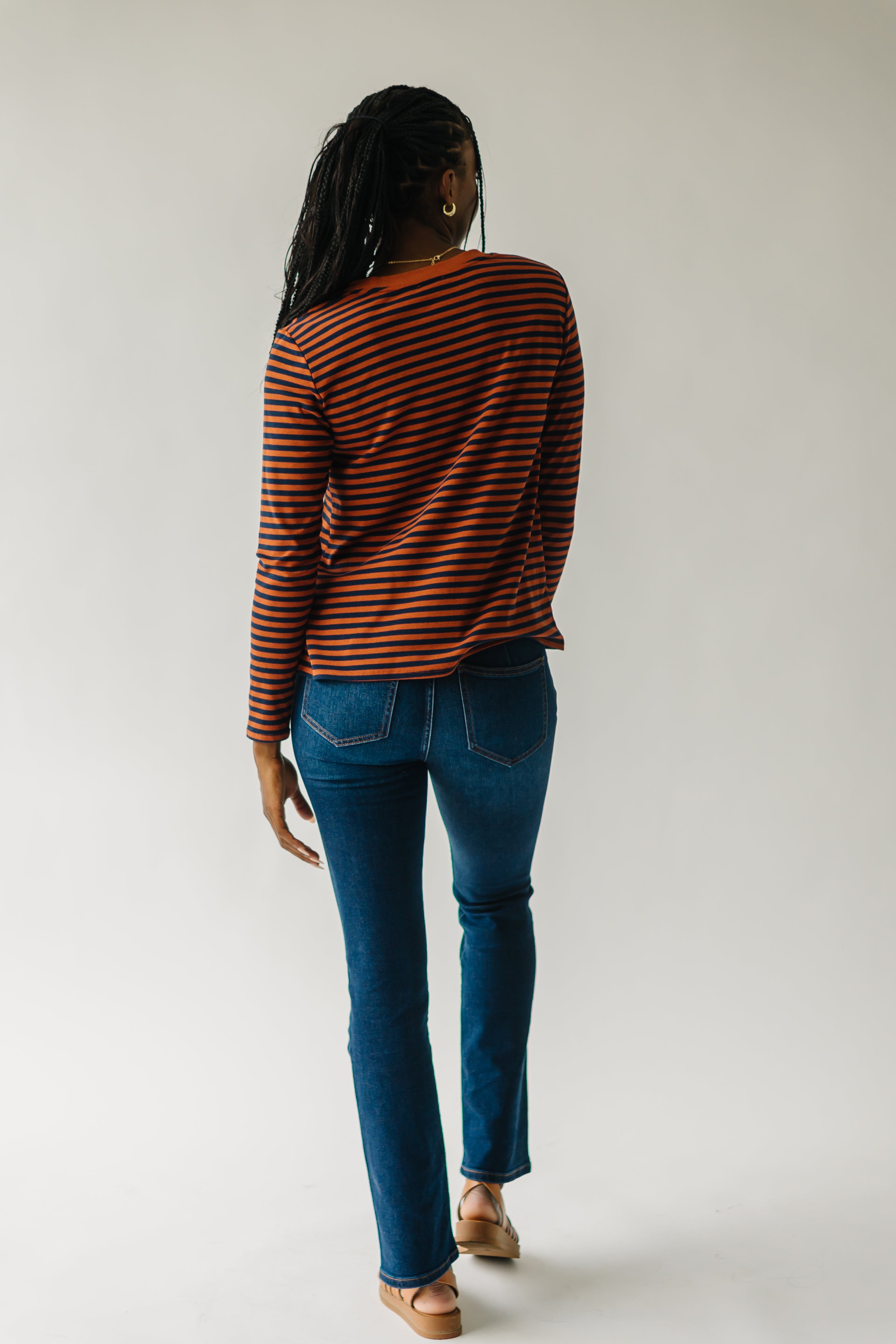 The Camden Knit Tee in Rust + Navy Stripe