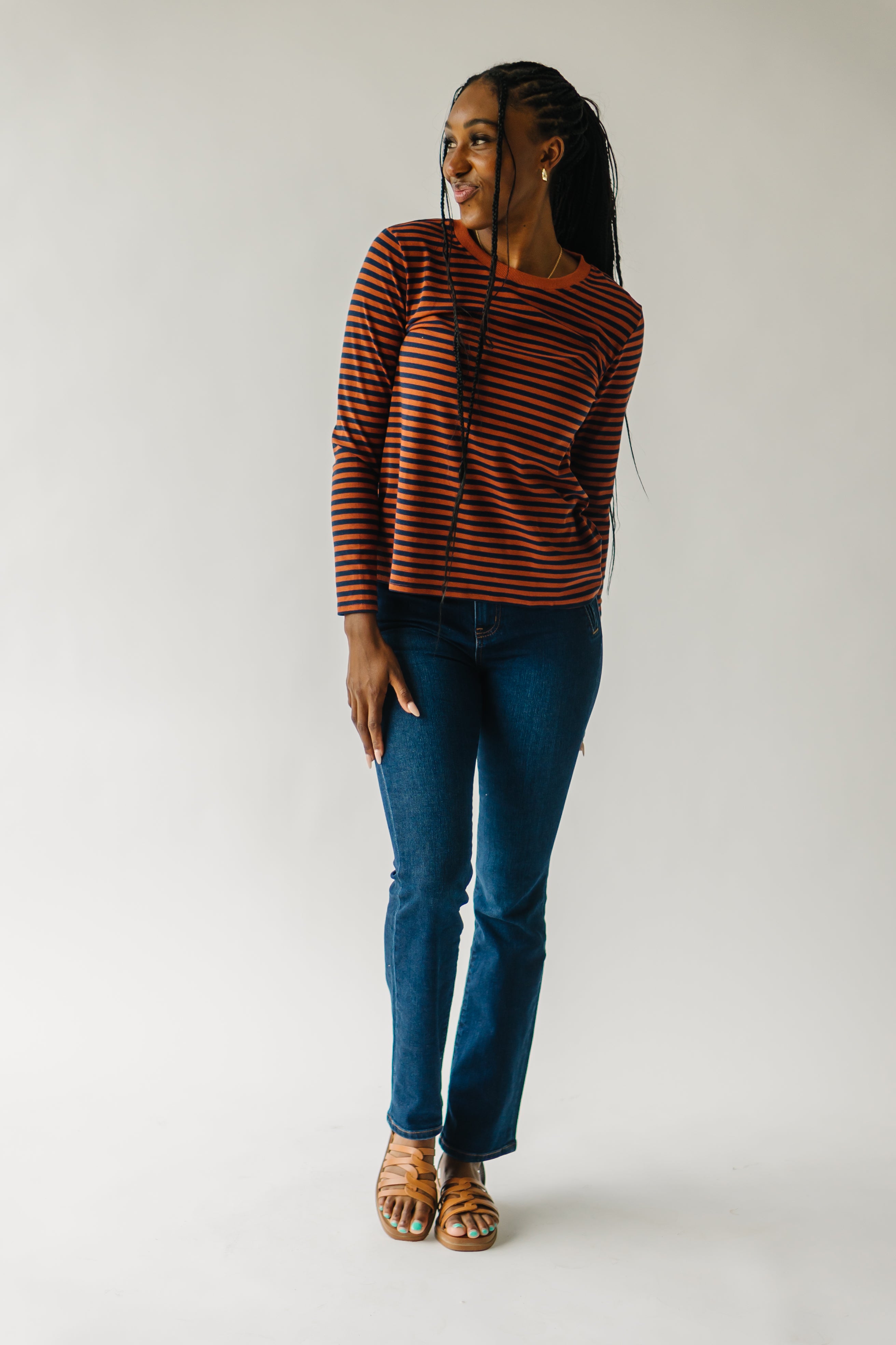 The Camden Knit Tee in Rust + Navy Stripe