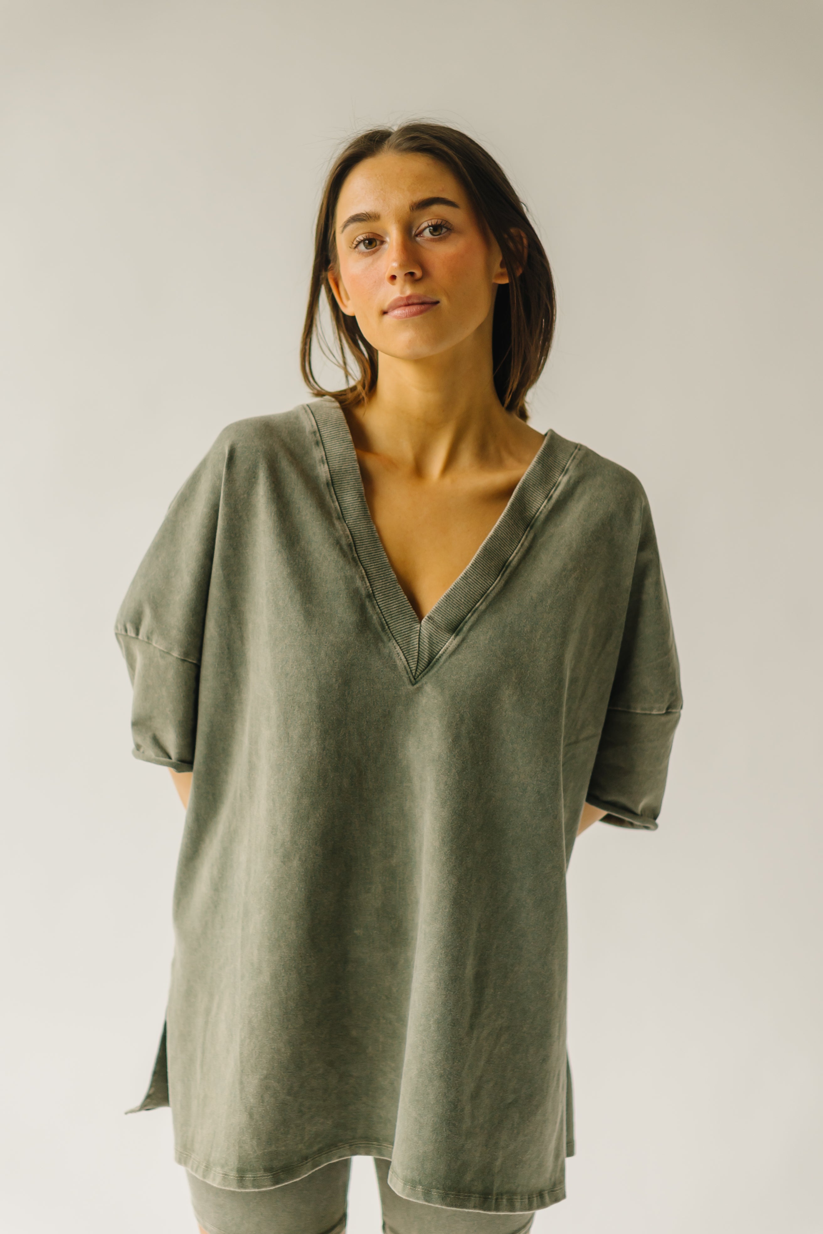 The Kynaston V-Neck Drop Sleeve Tee in Army Green