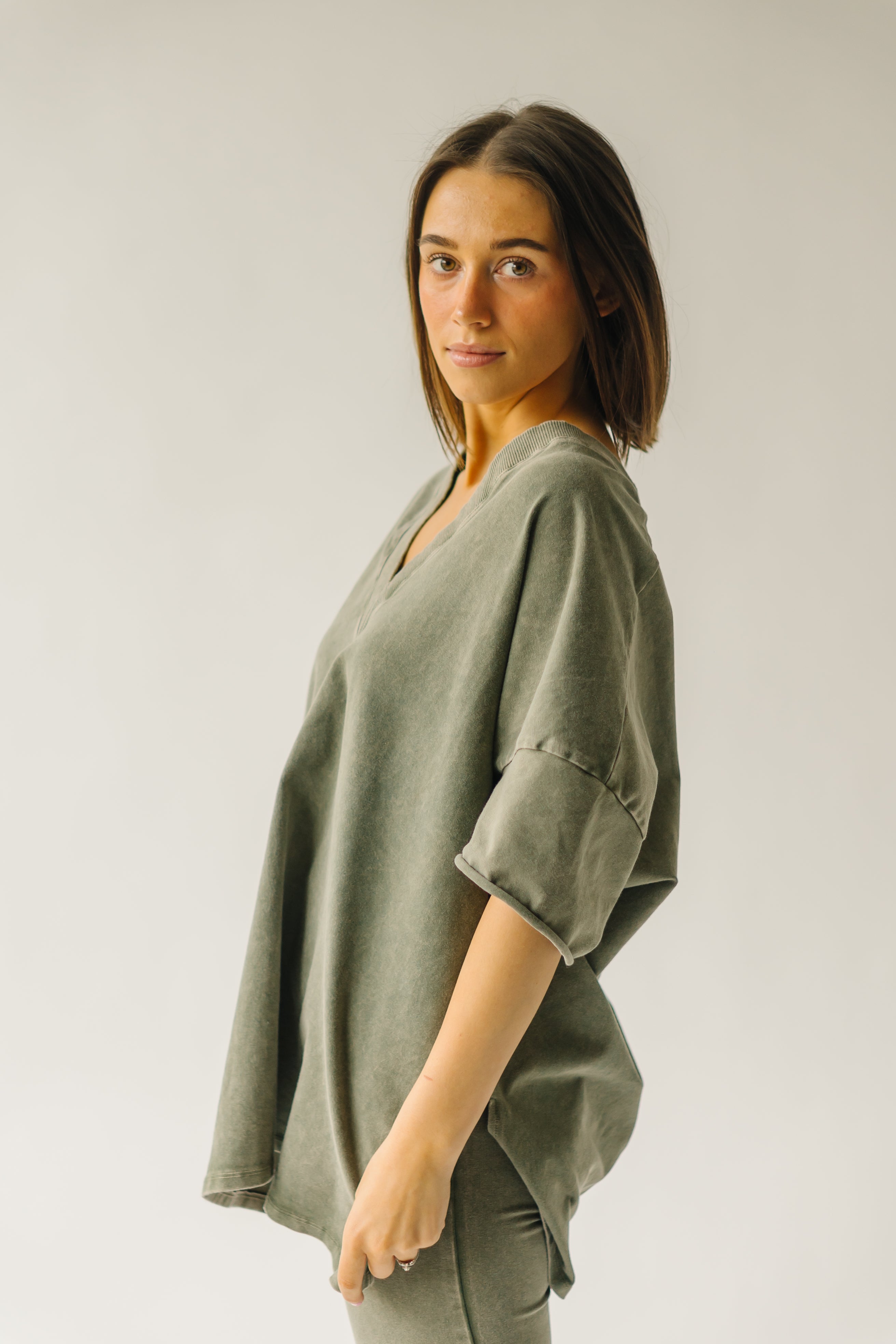 The Kynaston V-Neck Drop Sleeve Tee in Army Green