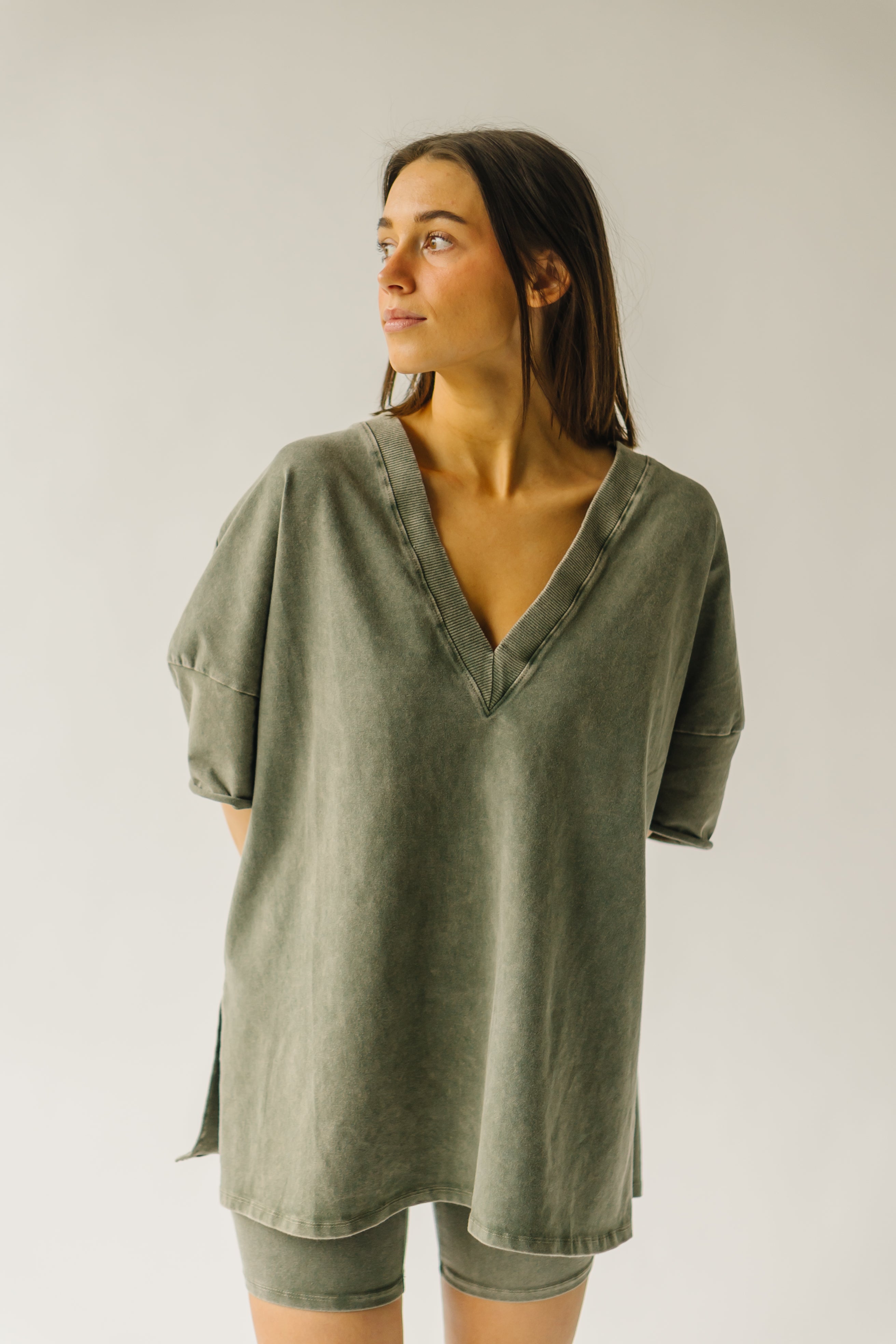 The Kynaston V-Neck Drop Sleeve Tee in Army Green