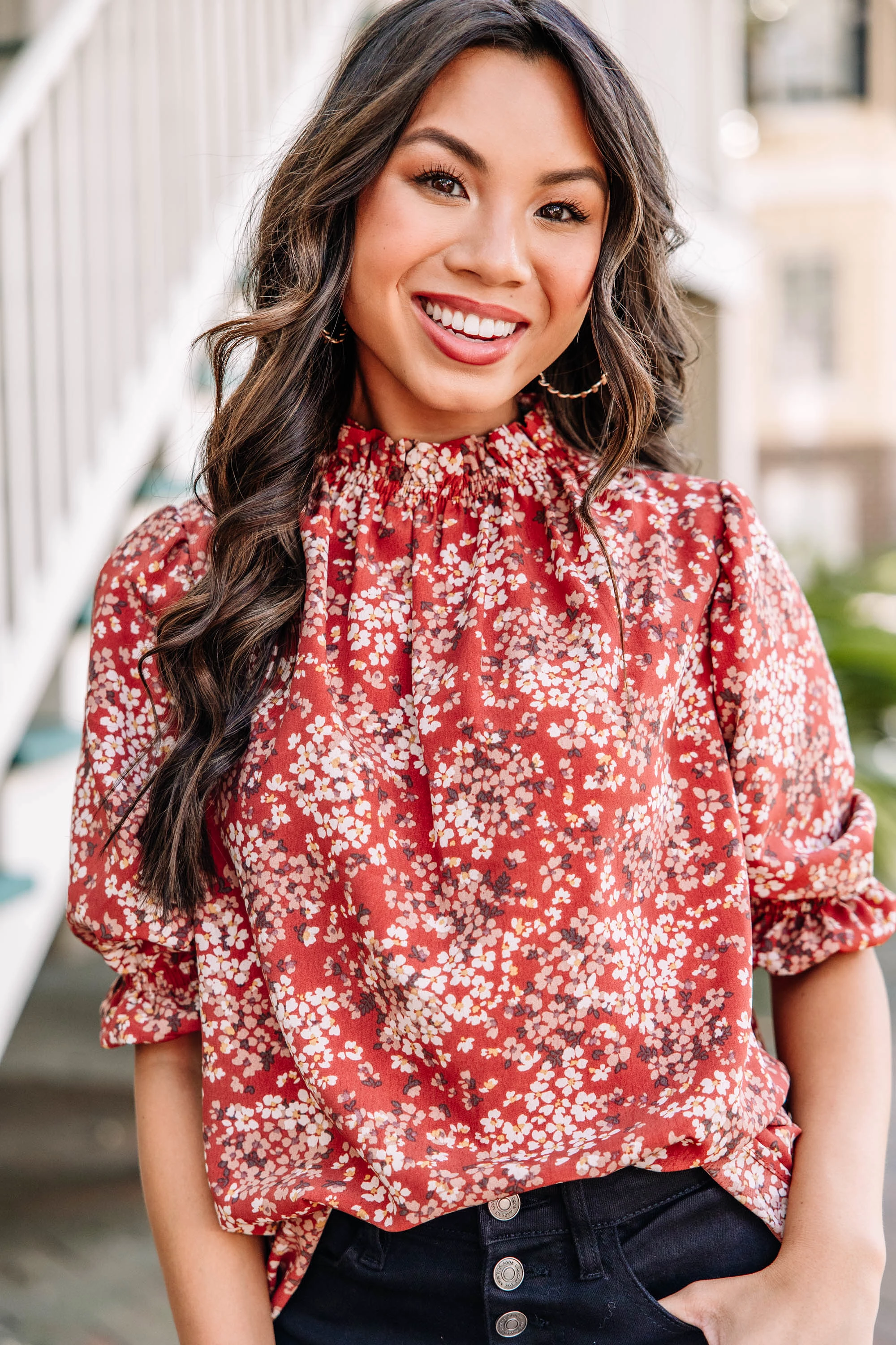 This Is The Time Marsala Red Ditsy Floral Blouse